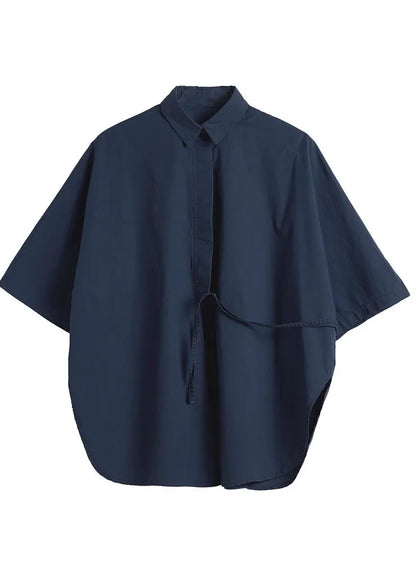 Art Navy Asymmetrical Tie Waist Cotton Shirt Top Half Sleeve