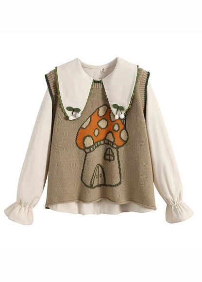 Novelty Khaki Print Knit Waistcoat and Shirts Two Piece Set Fall
