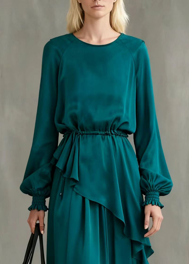 Peacock Blue Asymmetrical Cinched Cotton Two Pieces Set Summer