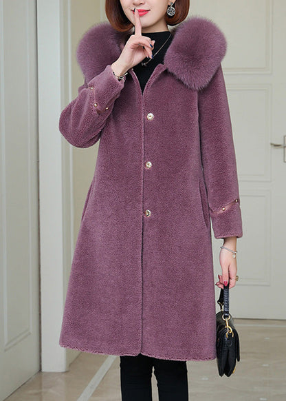 Purple Fox Collar Button Warm Fleece Woolen Coats Winter