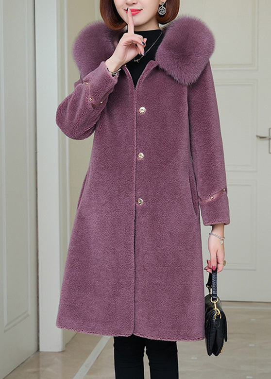 Purple Fox Collar Button Warm Fleece Woolen Coats Winter