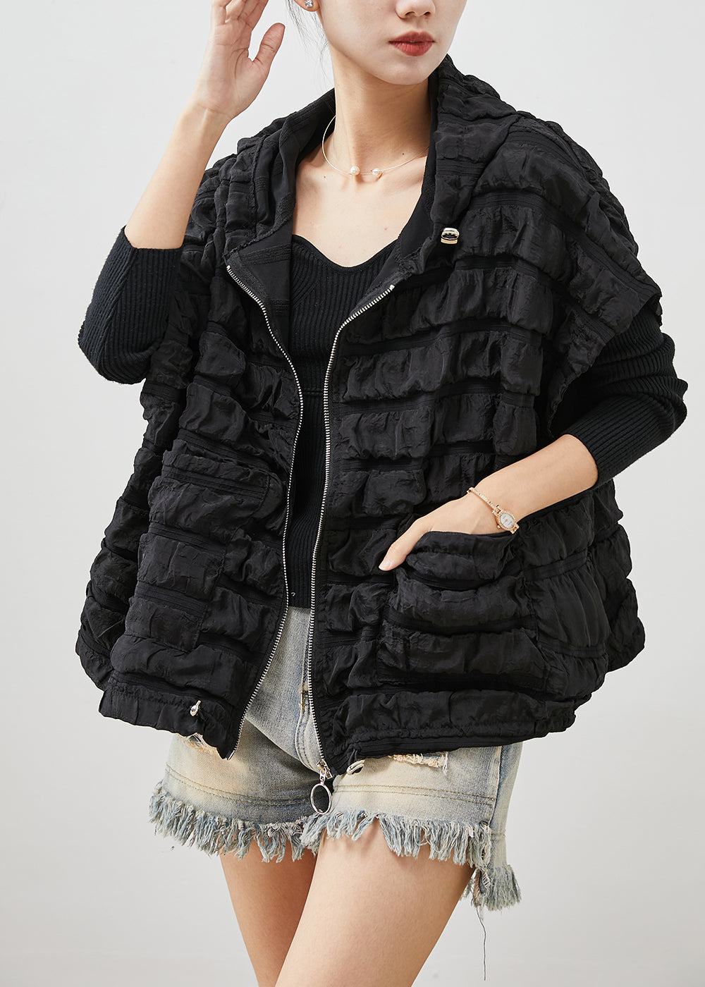 Diy Black Hooded Wrinkled Cotton Vests Short Sleeve