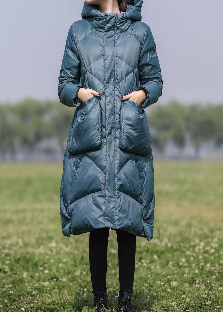 Blue Zippered Duck Down Down Coat Hooded Winter