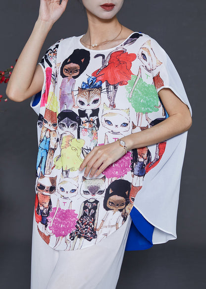 White Print Chiffon Fake Two Piece Tops Summer