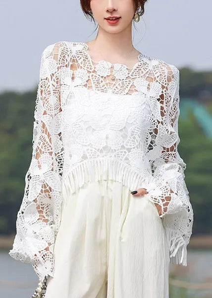 Style Black Embroidered Hollow Out Tasseled Top Fall