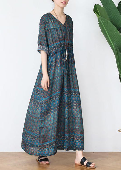 Green Print Cotton V Necktie Waist Spring Long Dress
