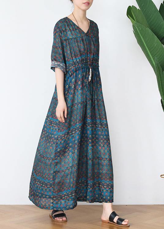 Green Print Cotton V Necktie Waist Spring Long Dress