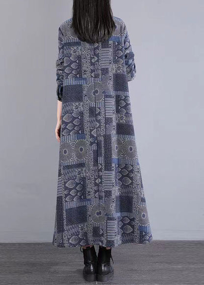 Blue Peter Pan Collar Print Patchwork Warm Fleece Dress Fall
