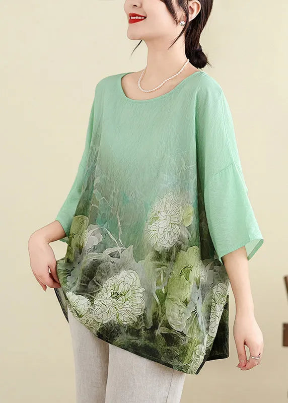 Light Green O Neck Print Cotton T Shirt Batwing Sleeve