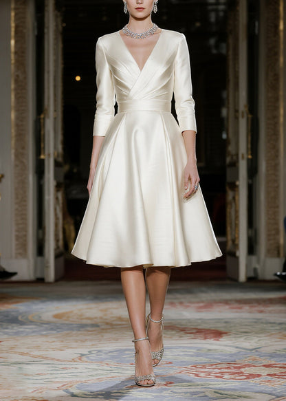 French Milk White V Neck Exra Large Hem Silk Work Dress Summer