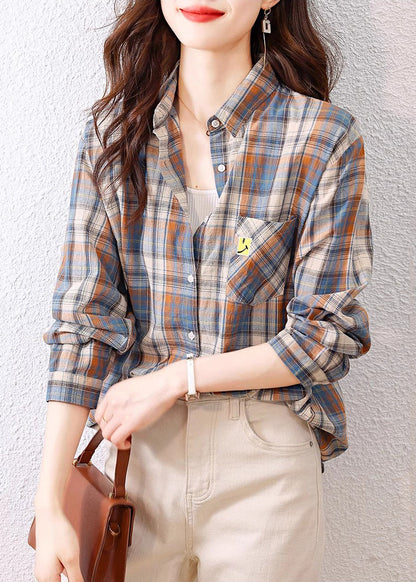Peter Pan Collar Plaid Cotton Shirts Top Spring