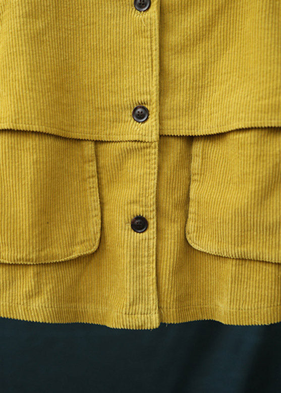 Yellow Stand Collar Patchwork Button Corduroy Coats Spring