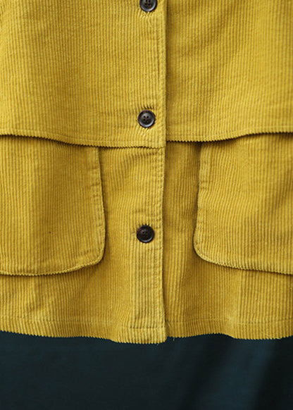 Yellow Stand Collar Patchwork Button Corduroy Coats Spring
