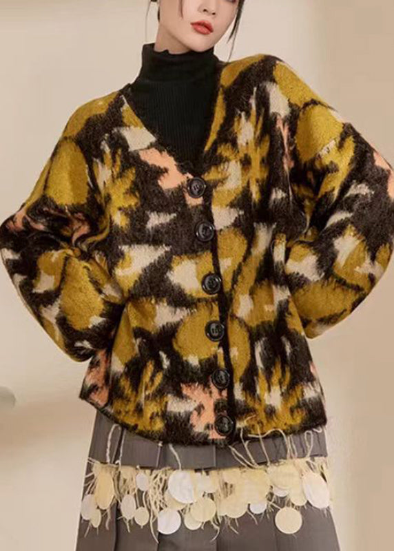 Colorblock V Neck Print Button Cotton Knit Cardigans Winter