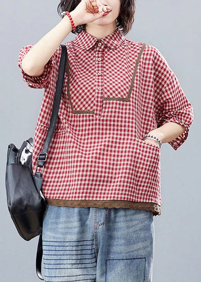 Red Button Peter Pan Collar Shirt Tops Half Sleeve