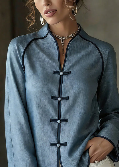 French Blue V Neck Button Shirts Spring