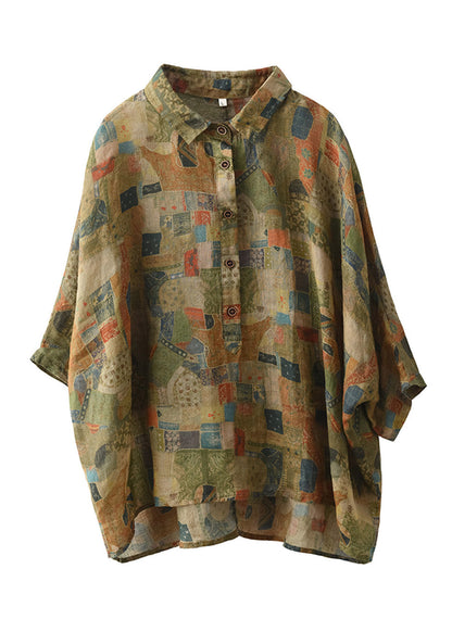 Green Peter Pan Collar Print Button Linen Shirt Summer