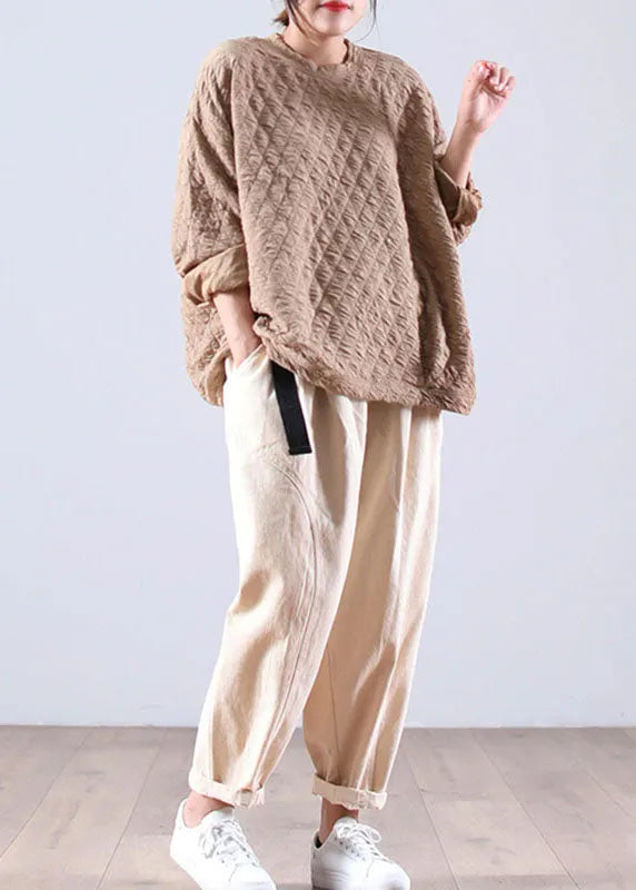 Khaki Loose O-neck Fall Sweatshirt