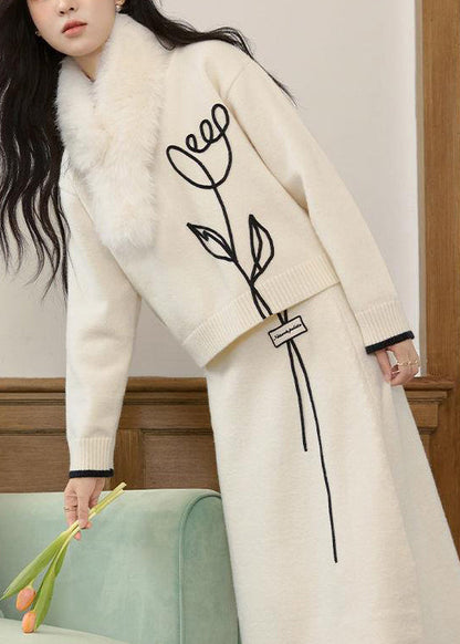 Stylish Beige O Neck Sweaters and Skirts Knit Two Pieces Set Winter