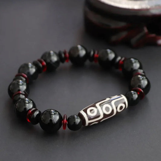 Buddha Stones Black Onyx Nine-eye Dzi Bead Wealth Protection Bracelet