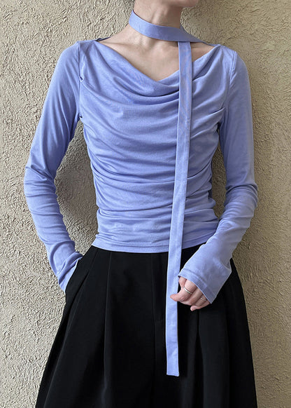 French Purple Wrinkled Slim Fit Cotton Top Long Sleeve