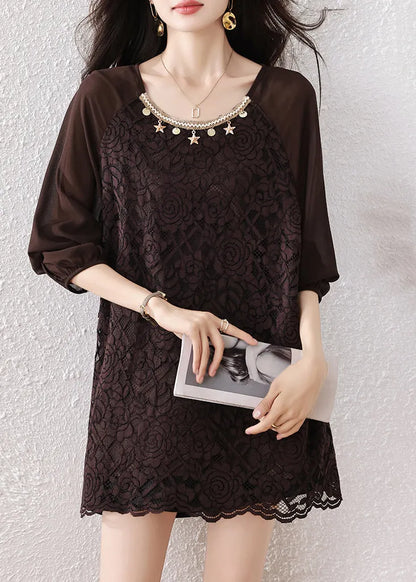 Chocolate Oversized Star Decorated Lace Shirt Tops Fall