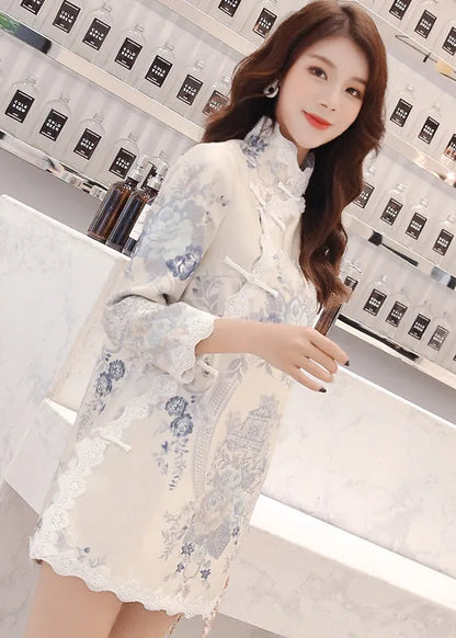 Stand Collar Embroideried Button Lace Patchwork Top Long Sleeve