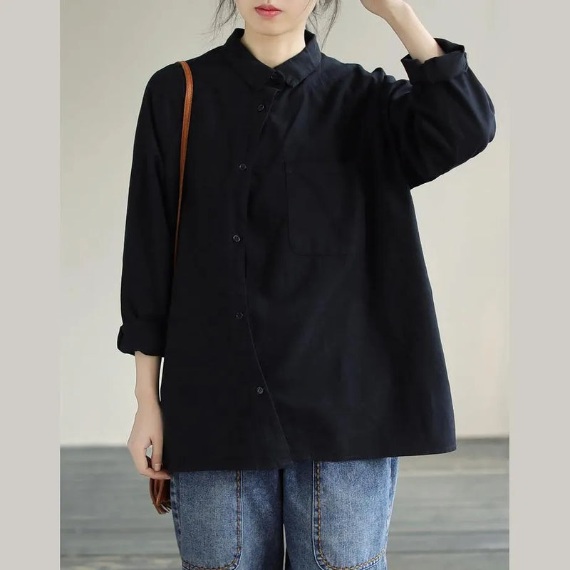 Modern Lapel Pockets Spring Clothes Pattern Black Blouses
