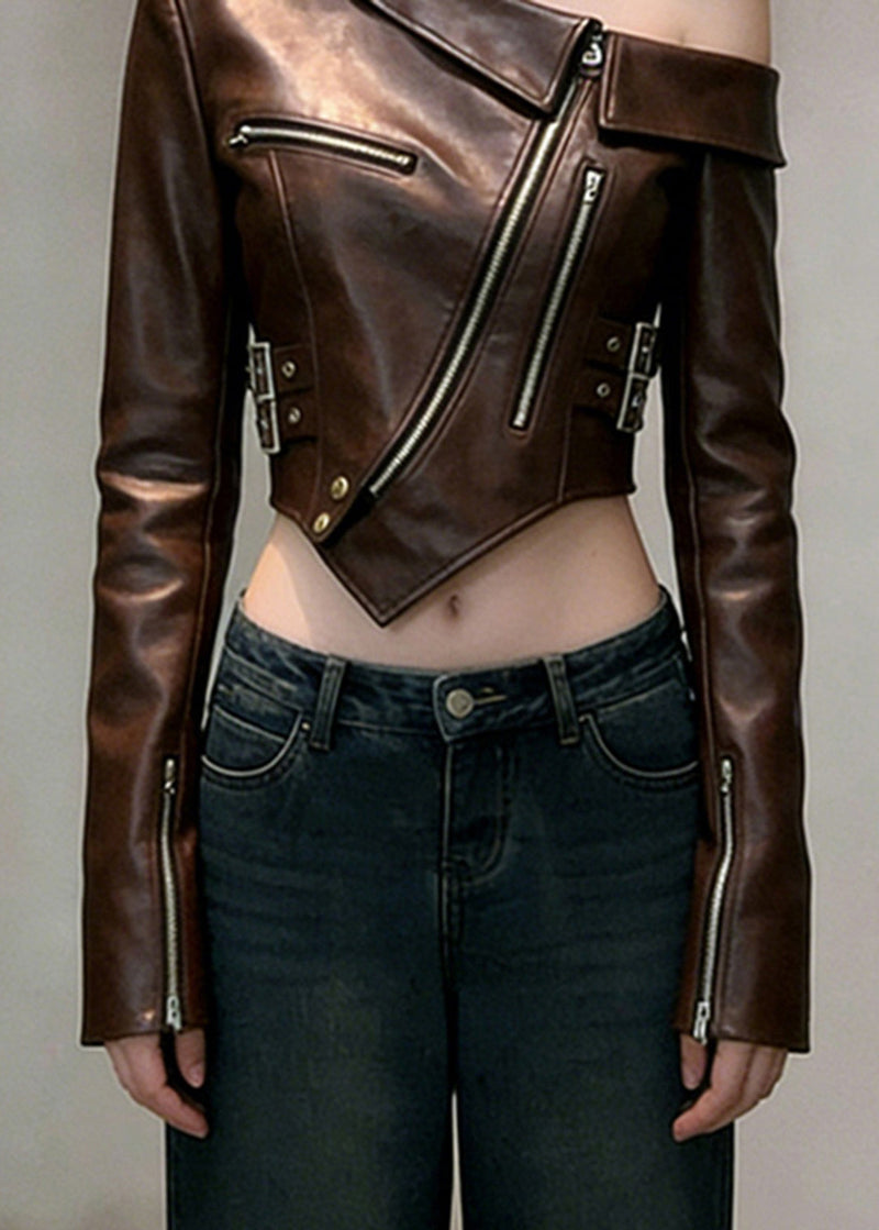 Brown One Shoulder Bare Midriff Faux Leather Coats Spring