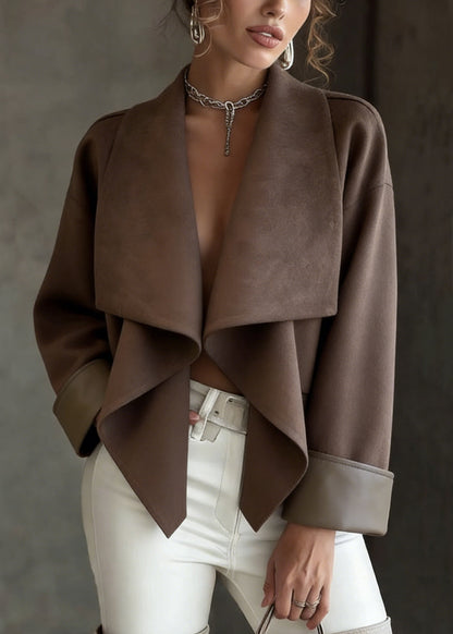 Loose Coffee Peter Pan Collar Faux Suede Coats Spring