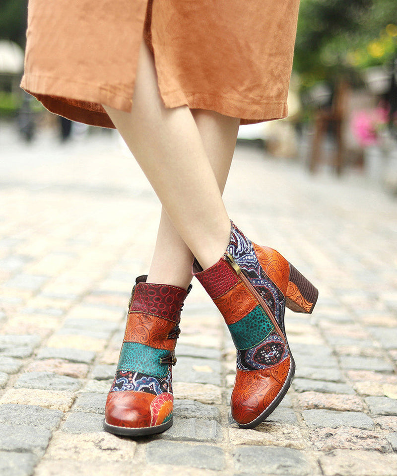 Brown Embossed Splicing Chunky Heel Boots