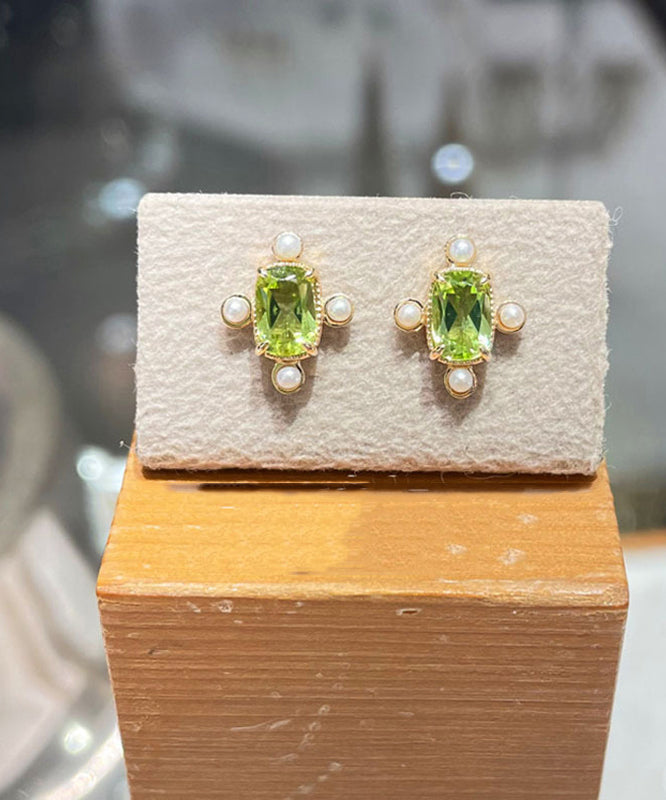 Gold Sterling Silver Overgild Crystal Pearl Stud Earrings