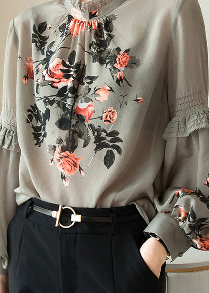 Fine Stand Collar Print Ruffles Chiffon Tops Bottoming Shirt Spring