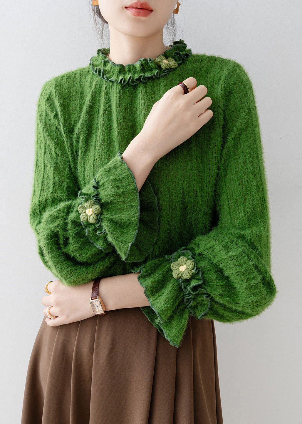 Unique Tea Green Ruffled Knit Top Flare Sleeve