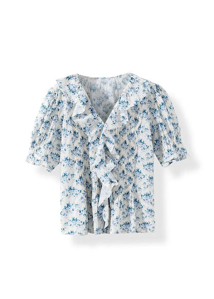 French V Neck Ruffled Print Puff Sleeve Cotton Shirts