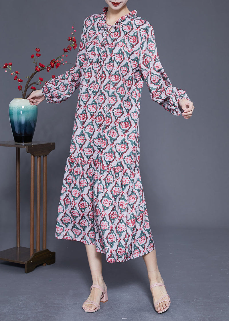 Diy Ruffled Lace Up Print Silk Long Dress Spring