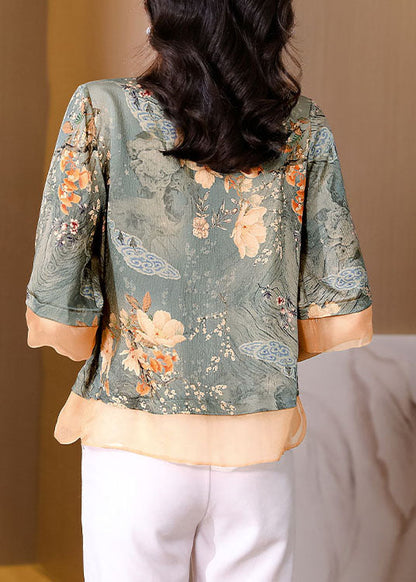 Colorblock Stand Collar Patchwork Print Silk Tops Summer