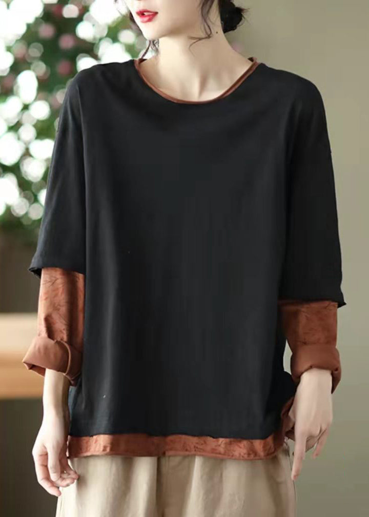 French Black O-neck Patchwork Fake Two Pieces Cotton Sweatshirts Top Long Sleeve