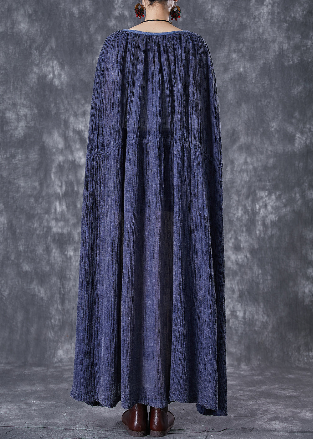 Navy Oversized Drawstring Linen Long Smock Dresses Fall