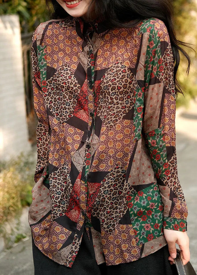 Coffee Peter Pan Collar Print Linen Shirts Spring