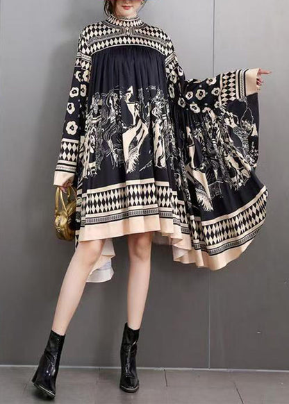 Diy Black Turtleneck Print Cotton Maxi Dresses Batwing Sleeve Fall
