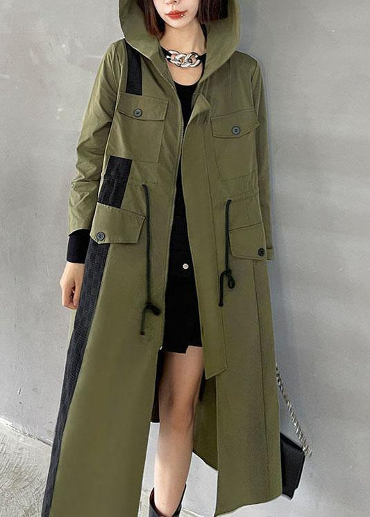 Army Green Pockets Patchwork Button Zippered Fall Tie Waist Hooded Coat Long Sleeve