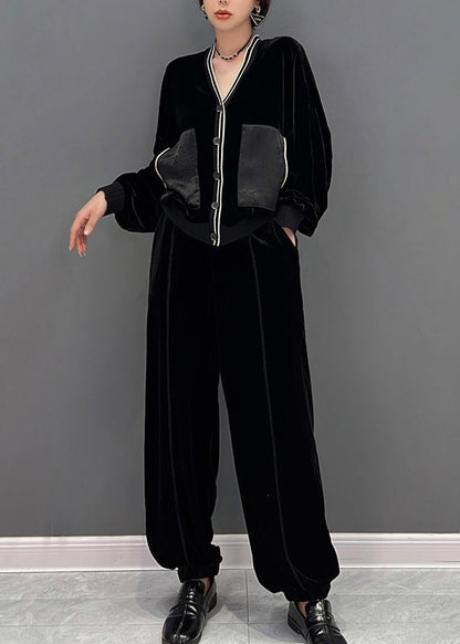 Stylish Black V Neck Print Coats and Pants Two Pieces Set Fall