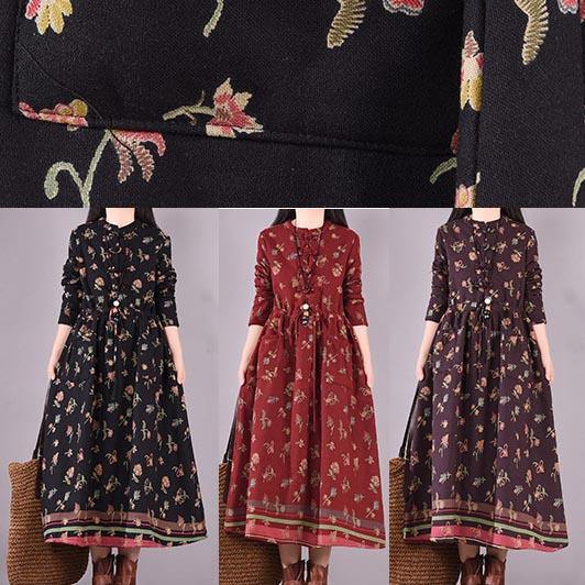 Simple Burgundy Print Dress Drawstring Spring Dresses