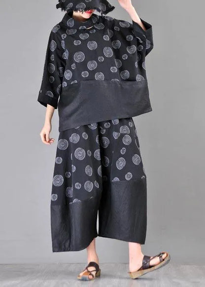 Organic Black Print Patchwork Cotton Linen Summer Shirt