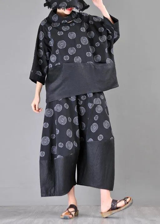 Organic Black Print Patchwork Cotton Linen Summer Shirt