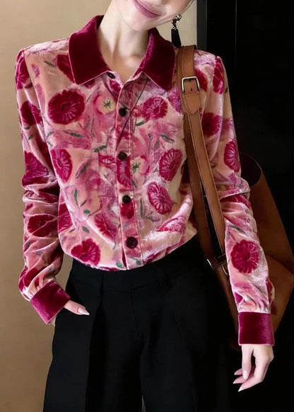 Stylish Rose Peter Pan Collar Print Silk Velour Shirt Top Spring