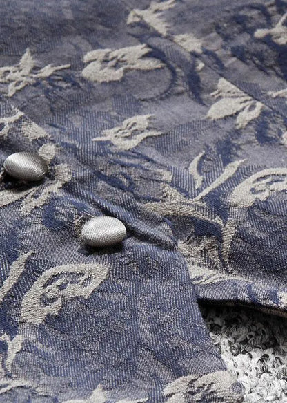 Blue Jacquard V Neck Button Spaghetti Strap Cotton Summer Tank