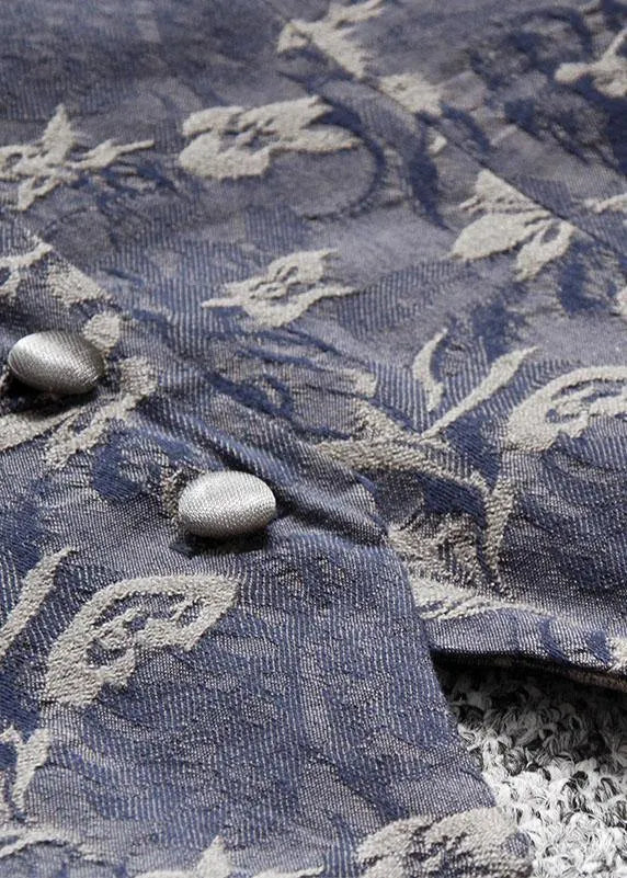 Blue Jacquard V Neck Button Spaghetti Strap Cotton Summer Tank