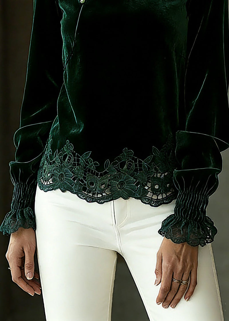 Blackish Green Hollow Out Shirts Lantern Sleeve Spring